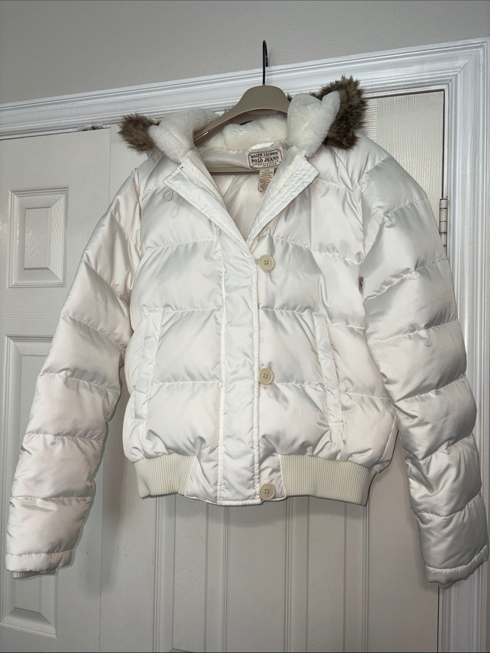 Ralph Lauren Y2K Ivory Quilted Puffer Jacket with Faux Fur Hood-Sz LARGE